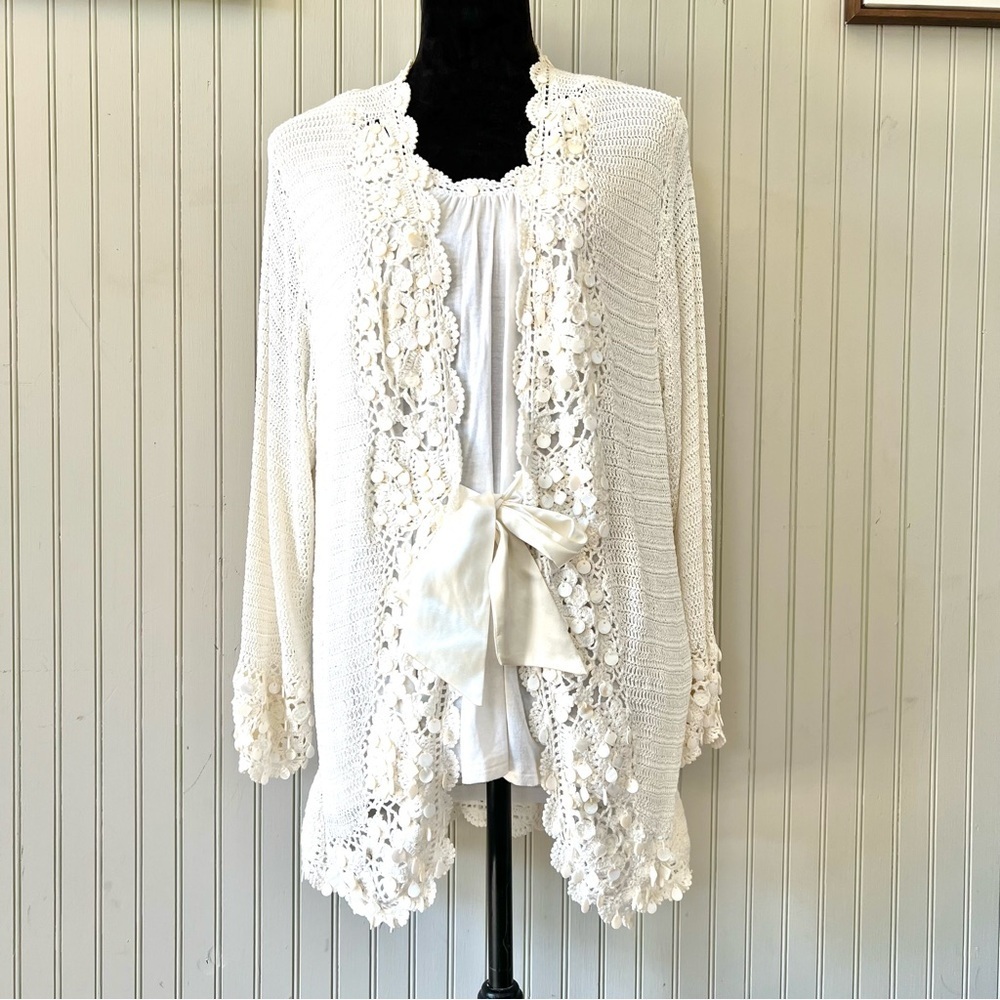 Michael Simon Ivory Open Crochet Lace Satin Tie Cardigan with coordinating Tank